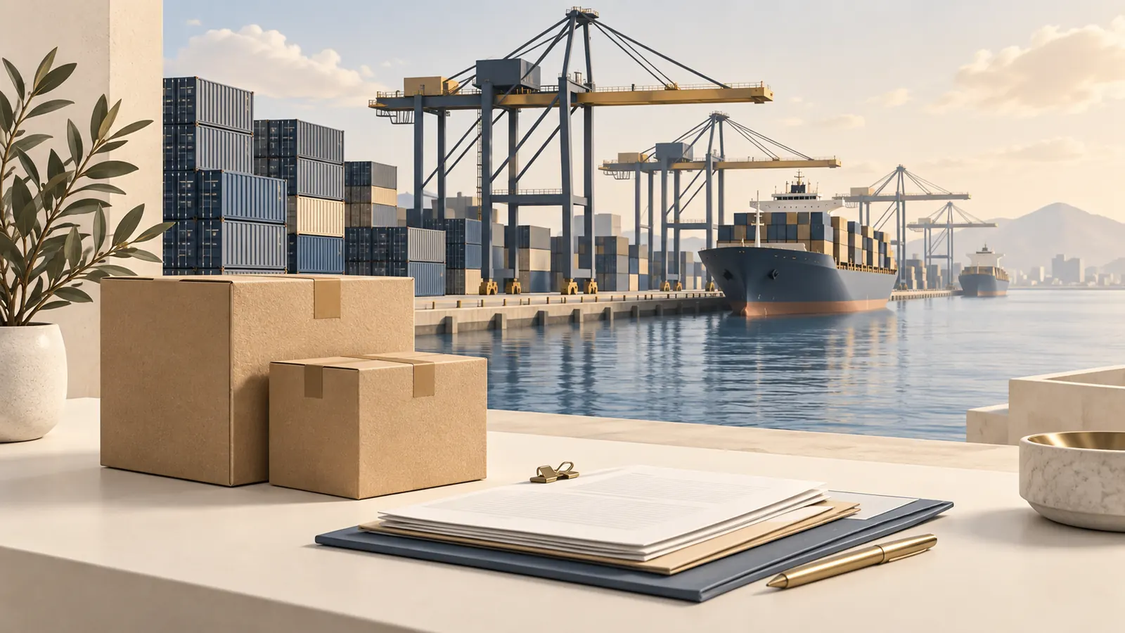 Ilustración de un puerto de contenedores con cajas y documentación de importación