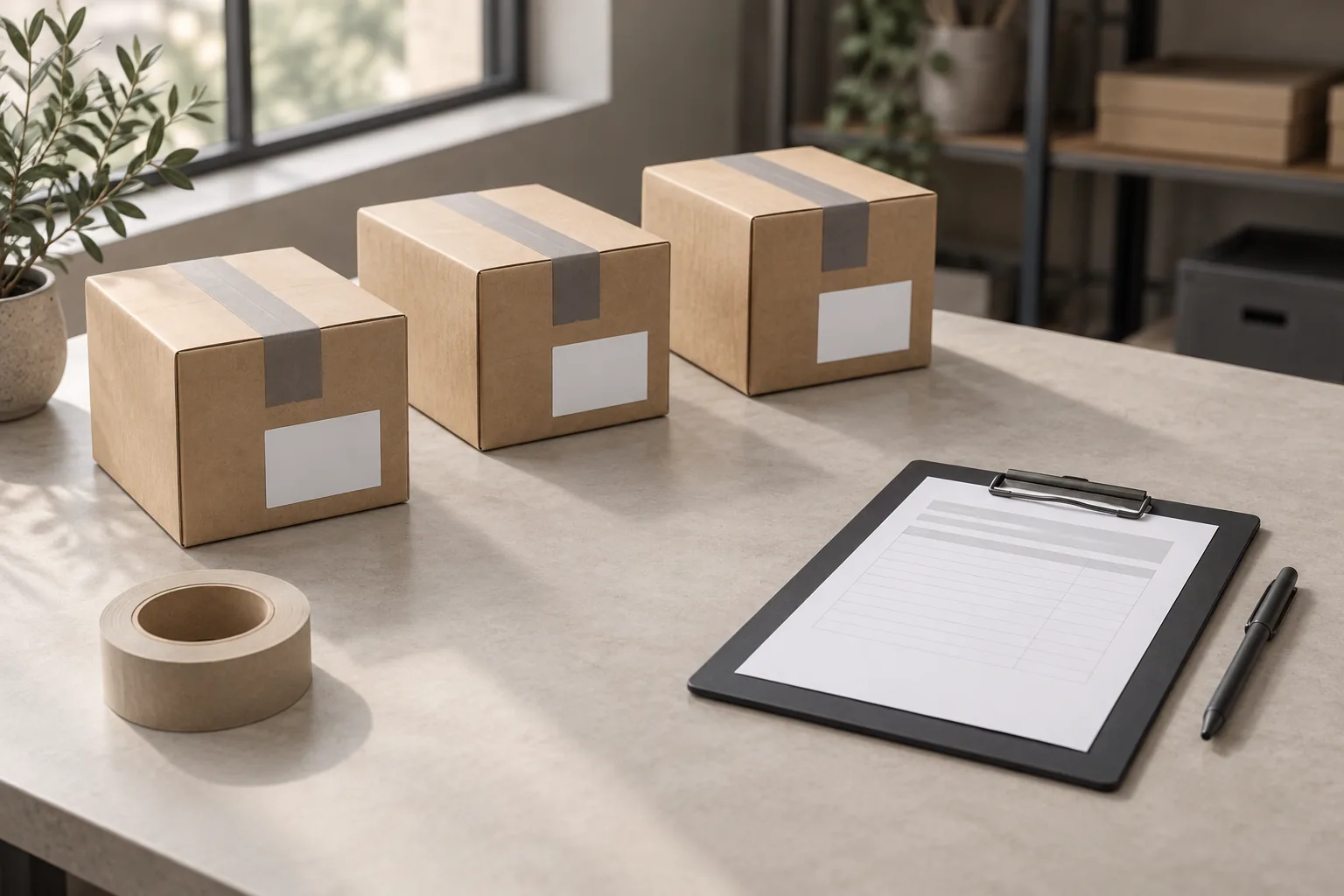 Three sealed neutral cartons and a clipboard with shipping documents on a table