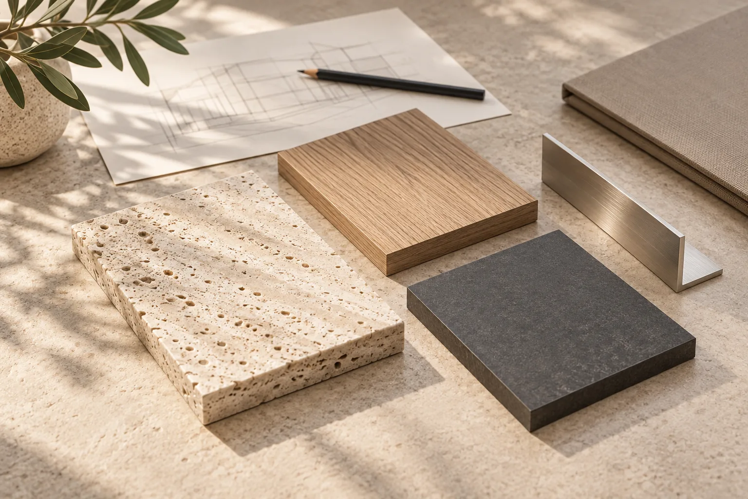 Muestras neutras de piedra, madera y porcelánico junto a un perfil metálico en L, un plano técnico y un lápiz sobre una mesa