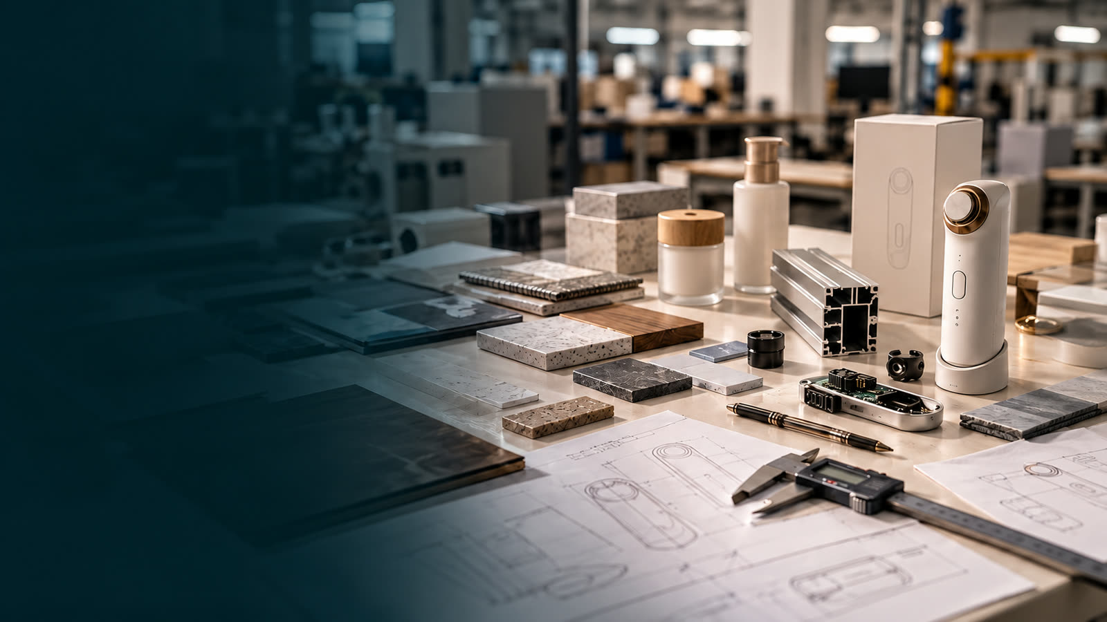 Mesa de desarrollo con muestras, componentes, materiales, packaging y herramientas de medición