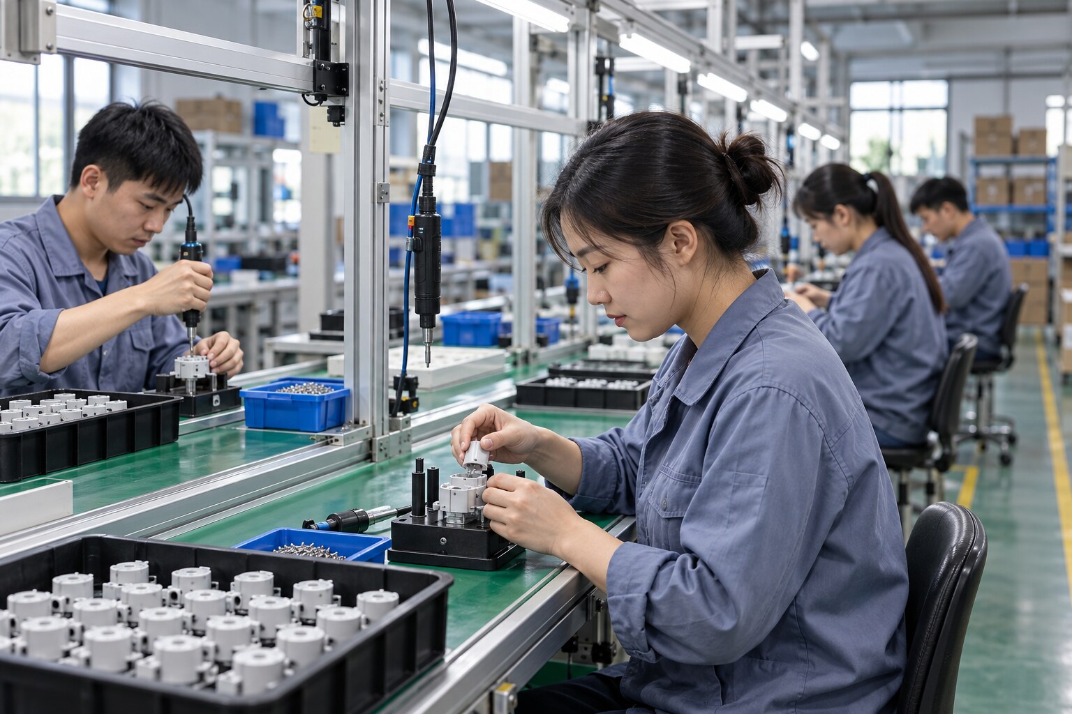 Personas ensamblando componentes en una línea de montaje industrial