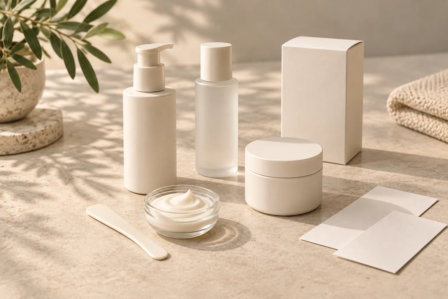 Neutral cosmetic containers, a cream sample and unbranded packaging on a light surface
