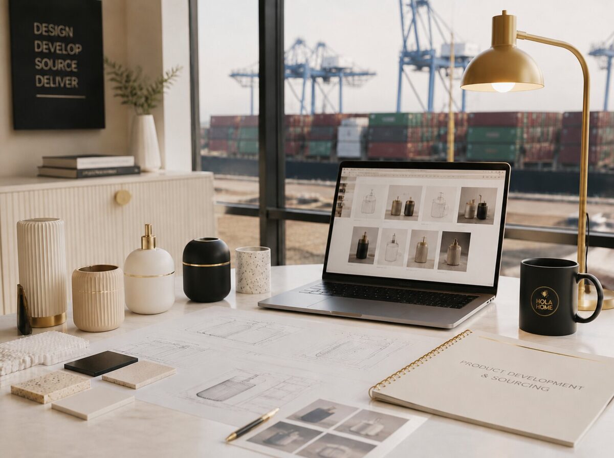 Mesa de desarrollo de producto con muestras, planos técnicos y una terminal portuaria de contenedores al fondo