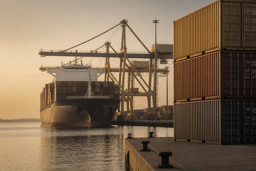 Buque portacontenedores atracado en una terminal portuaria al amanecer