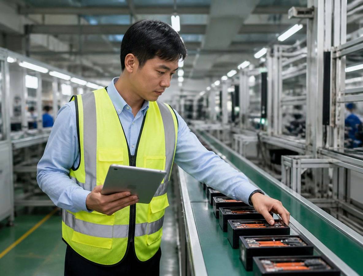 Técnico con tablet revisando productos y documentación en una línea de producción de fábrica